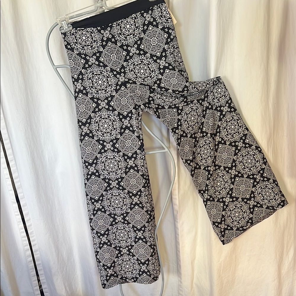 Elegant Black & White Patterned wide leg pant elastic waist belted beach travel - Picture 4 of 12